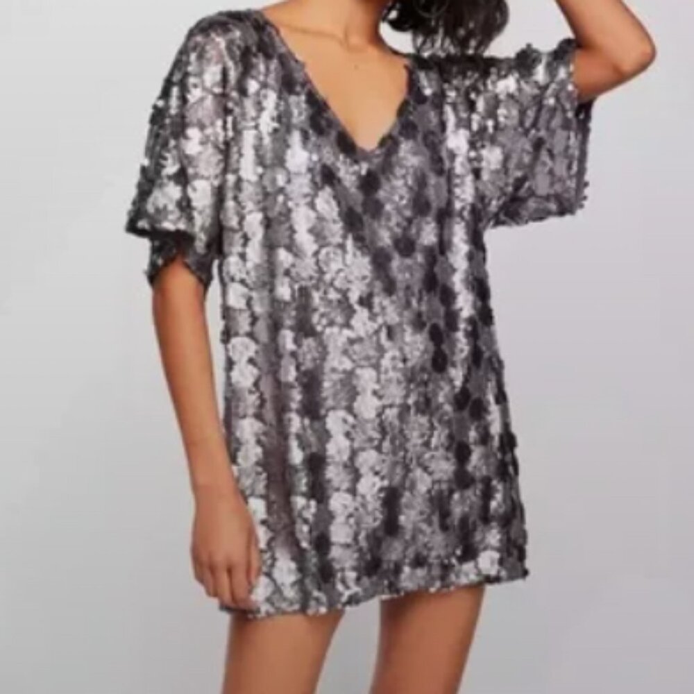 Free People Sequined Silver Metallic Tunic Layered Short Sleeve Scoop Neck S